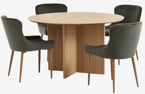 VESTERBORG Ø130 tafel eiken + 4 PEBRINGE stoelen grijs