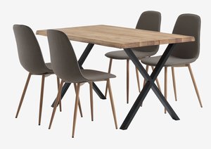 Table ROSLEV L140 chêne naturel + 4 chaises BISTRUP olive