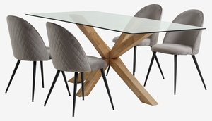AGERBY L190 Tisch Eiche + 4 KOKKEDAL Stühle grauer Samt
