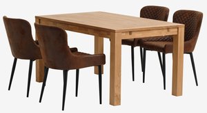 HAGE L150 table chêne + 4 PEBRINGE chaises brun/noir