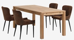 Table HAGE L190 chêne + 4 chaises PEBRINGE brun/noir
