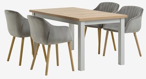 MARKSKEL L150/193 tafel lichtgrijs + 4 ADSLEV stoelen velvet