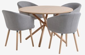 SKIBET Ø120 stôl svetlý dub + 4 KLOSTER stoličky svetlosivá
