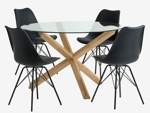 AGERBY Ø119 tafel eiken + 4 KLARUP stoelen zwart