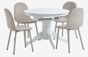 ASKEBY Ø100 lisälevyllä pöytä valk. + 4 EJSTRUP tuoli beige