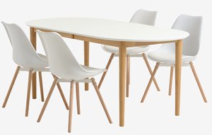 EGENS L190/270 Tisch weiß + 4 KASTRUP Stühle weiß