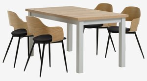 MARKSKEL L150/193 tafel lichtgrijs + 4 HVIDOVRE stoelen eik