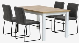 MARKSKEL L150/193 tafel wit/eiken +4 HAMMEL stoelen grijs
