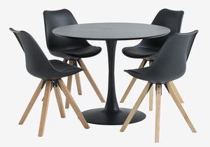 RINGSTED Ø100 mesa preto + 4 BLOKHUS cadeiras preto