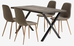 Table ROSKILDE L140 chêne foncé + 4 chaises BISTRUP olive