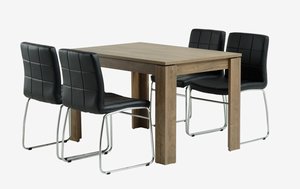 VEDDE L120 tafel wild eiken + 4 HAMMEL stoelen zwart