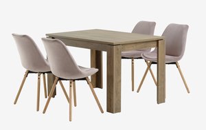 VEDDE L120 tafel wild eiken + 4 KASTRUP stoelen fluweel roze